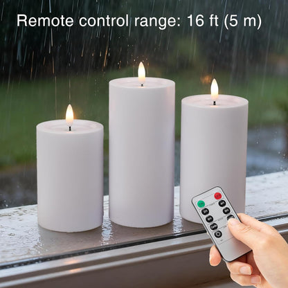 LUSHARBOR Outdoor Flameless Candles, Set of 3 Battery Operated Pillar Candles with Remote & Timer, 3" x4" 5" 6" Waterproof Plastic LED Candles for Patio Porch Garden Yard Candle Lantern Ivory