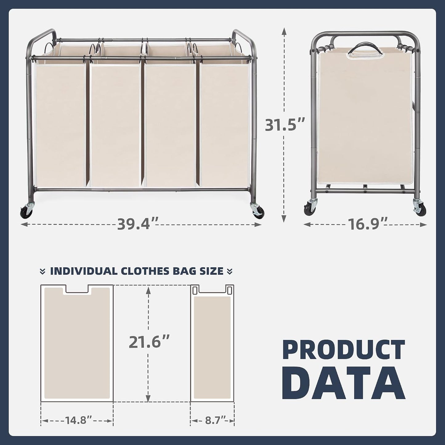 STO STO Laundry Sorter 3 Section, 3 Bag Clothes Hamper, Rolling Laundry Cart Basket with Heavy Duty Lockable Wheels and Removable Bag for Laundry Room, Bedroom, Closet, Gray