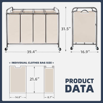 STO STO Laundry Sorter 3 Section, 3 Bag Clothes Hamper, Rolling Laundry Cart Basket with Heavy Duty Lockable Wheels and Removable Bag for Laundry Room, Bedroom, Closet, Gray