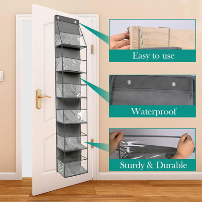 4-Shelf Over The Door Hanging Pantry Organizer, Behind The Door Storage Organizer, with Clear Plastic Pockets, for Bedrooms, Closets, Bathrooms, Small Apartments, College Dorms (Grey)