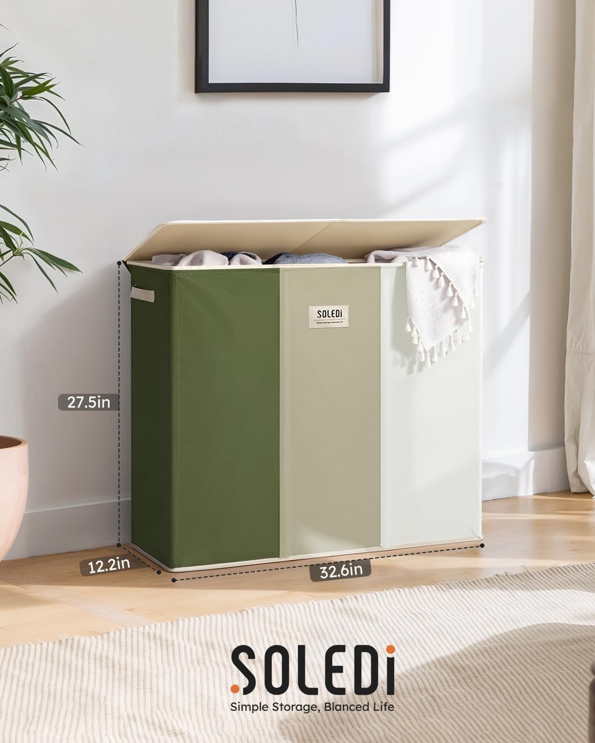 SOLEDI 180L Laundry Hamper 3 Section, Extra Large Laundry Hamper with Lid, Dirty Clothes Hamper with Sturdy Handle, Large Laundry Basket Organizer for Laundry Room, Bedroom, Hampers for Laundry