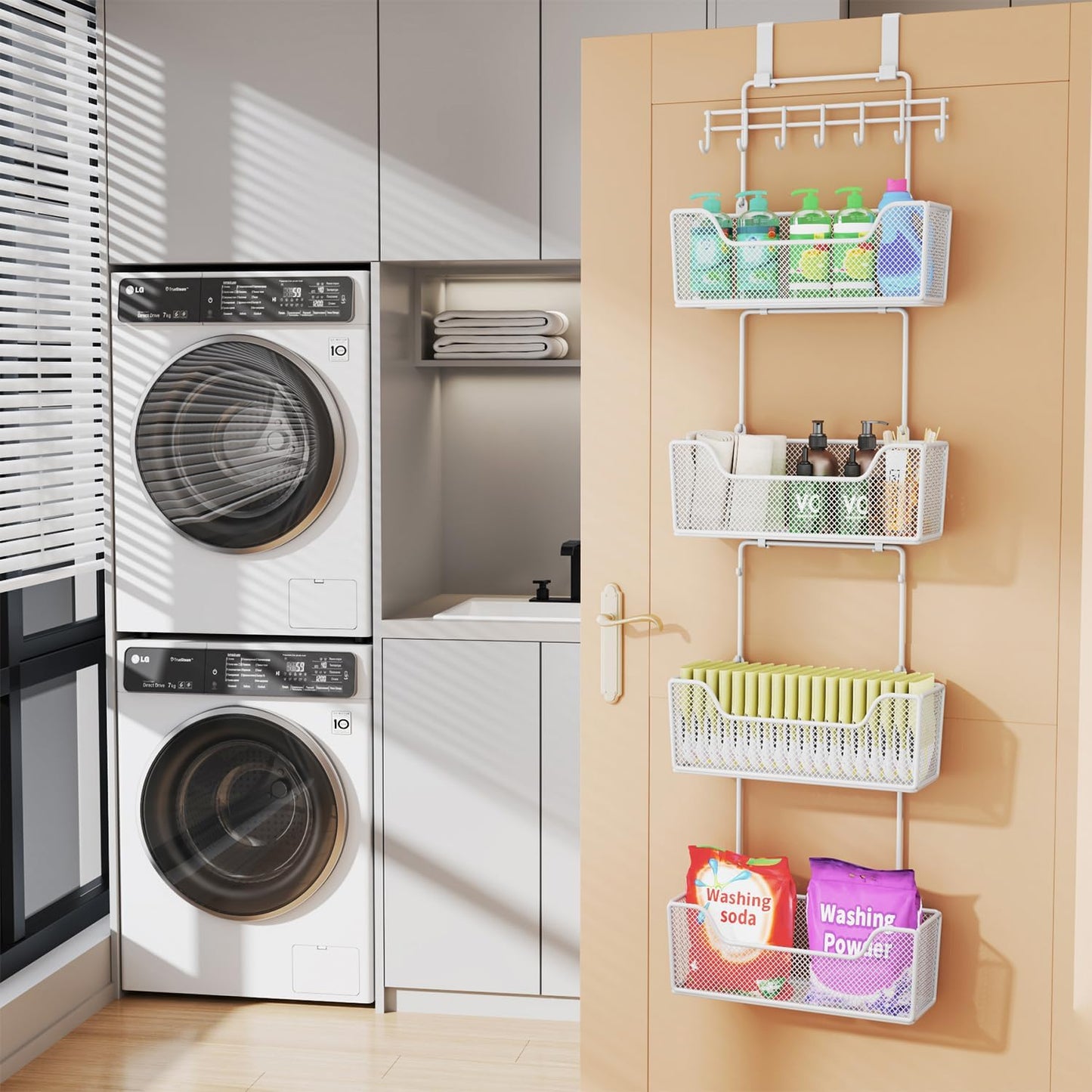HapiRm Over The Door Organizer - Hanging Door Organizer with 4 Metal Large Capacity Baskets and Adjustable Coat Hook for Bathroom Bedroom Kitchen Pantry Closet Cabinet