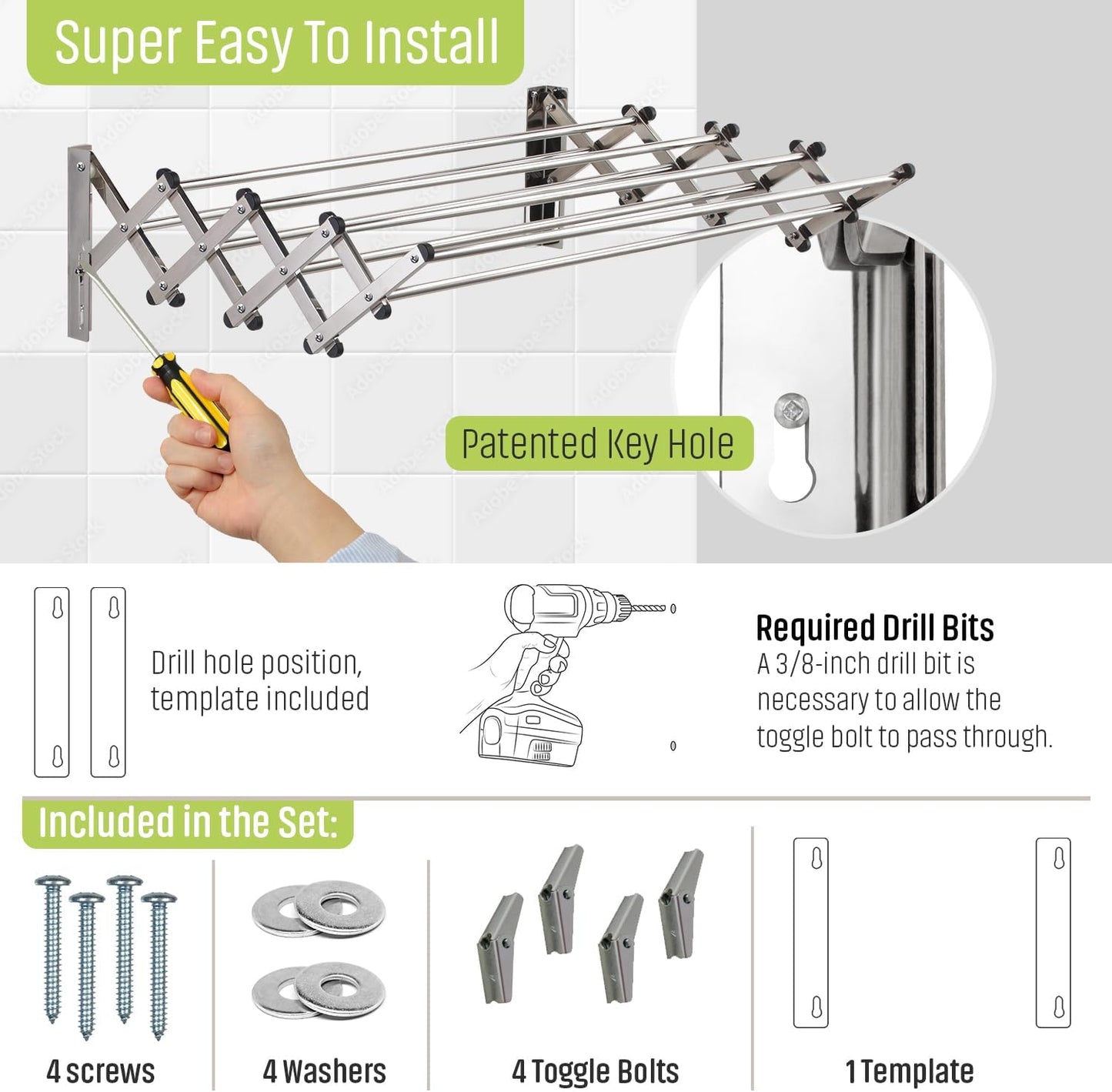 Smartsome Wall Mounted Clothes Drying Rack | Adjustable to Fit Your Space | 20 Linear Feet Drying Capacity | 8 Stainless Steel Rods | 60 lb Capacity | Fully Assembled | Compact Space-Saving Design