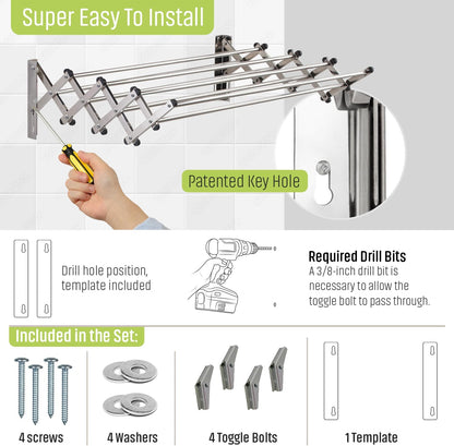 Smartsome Wall Mounted Clothes Drying Rack | Adjustable to Fit Your Space | 20 Linear Feet Drying Capacity | 8 Stainless Steel Rods | 60 lb Capacity | Fully Assembled | Compact Space-Saving Design