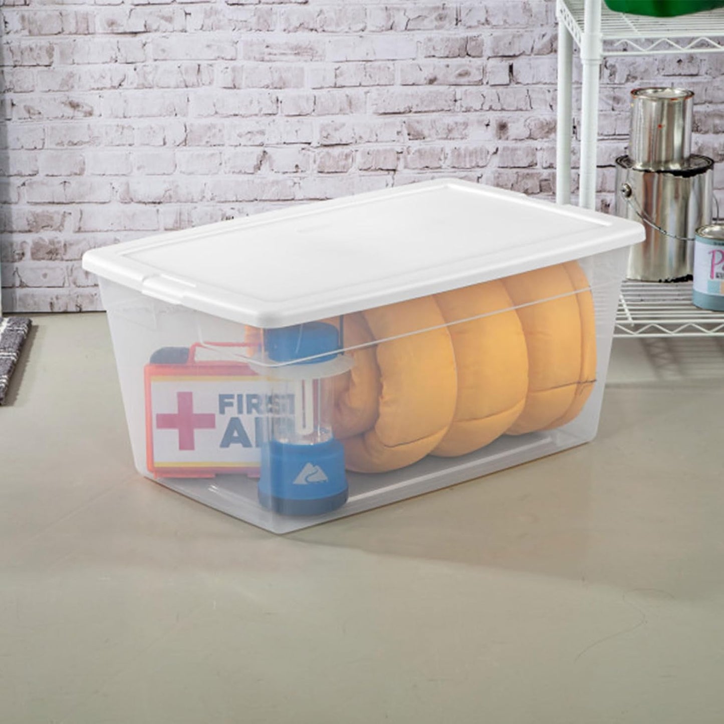 Sterilite 6 Pack Storage Box, 41 Quart Stackable Tote, Clear Plastic Container with Secure Snapping White Lids for Home and Office Organization
