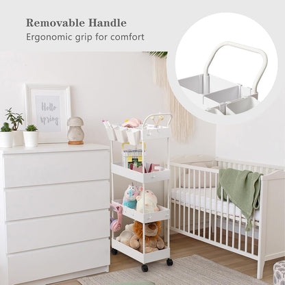 danpinera Storage Cart on Wheels, 3 Tier Slim Laundry with Wheels Bathroom Organizer with Hanging Cups Hooks Dividers Handle Mobile Rolling Art Cart for Bathroom Kitchen Narrow Places, White