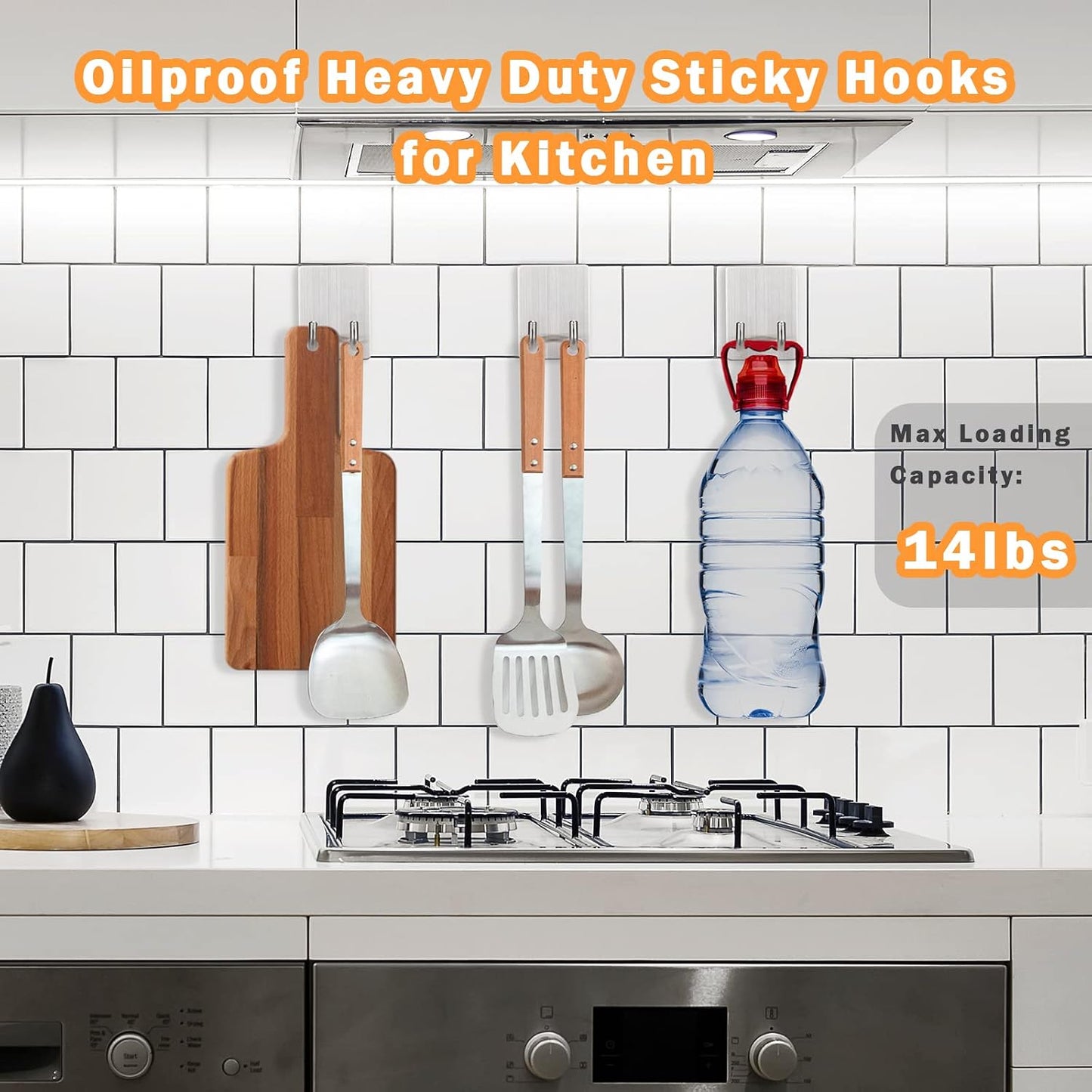 Adhesive Hooks Heavy Duty, Long Stainless Steel Self Adhesive Wall Hook, Sticky Towel Hangers for Kitchen Bathroom, Waterproof Stick on Door Hooks for Hanging Key Hat Coat 4Pack(Black)