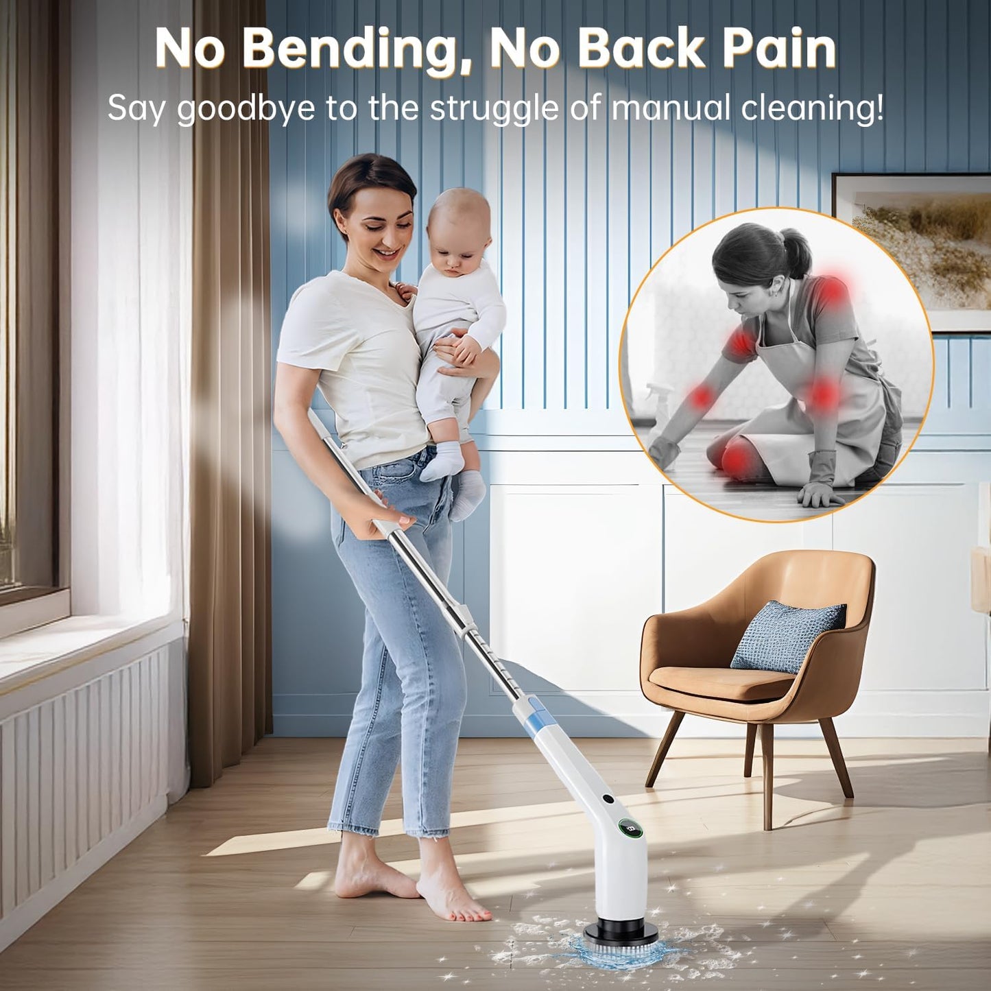 PUFTEM Electric Spin Scrubber, Cordless Shower Scrubber with 8 Scrub Brush, 2 Speed with Adjustable Extension Handle, Battery Level Display, Power Scrubber for Bathroom Bathtub Tile Floor (Black)