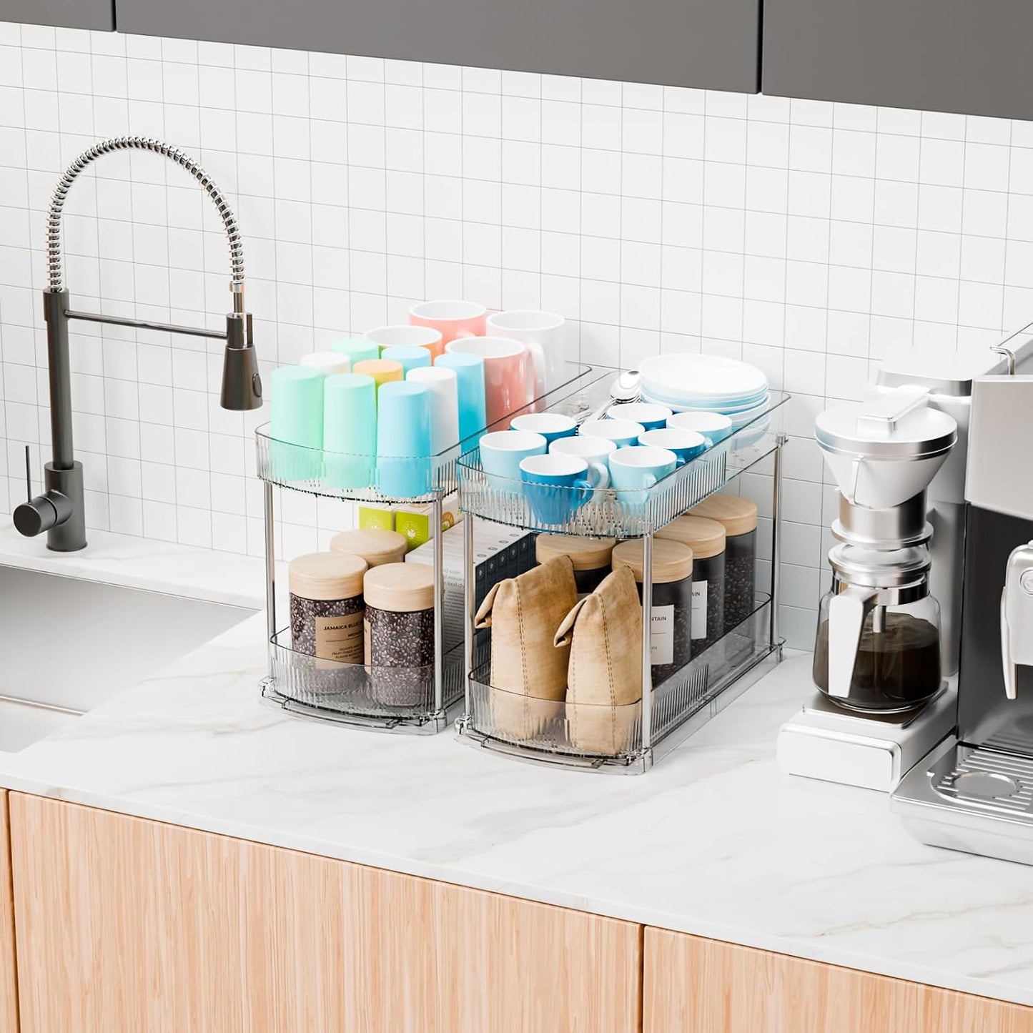 2 Pack 3 Tier Large Pull Out Bathroom Organizers and Storage,13.8″ Deep Sliding Kitchen Under Sink Organizer for Cleaning Products Storage,Acrylic Clear Bathroom inder Sink Organizer,Undersink Storage