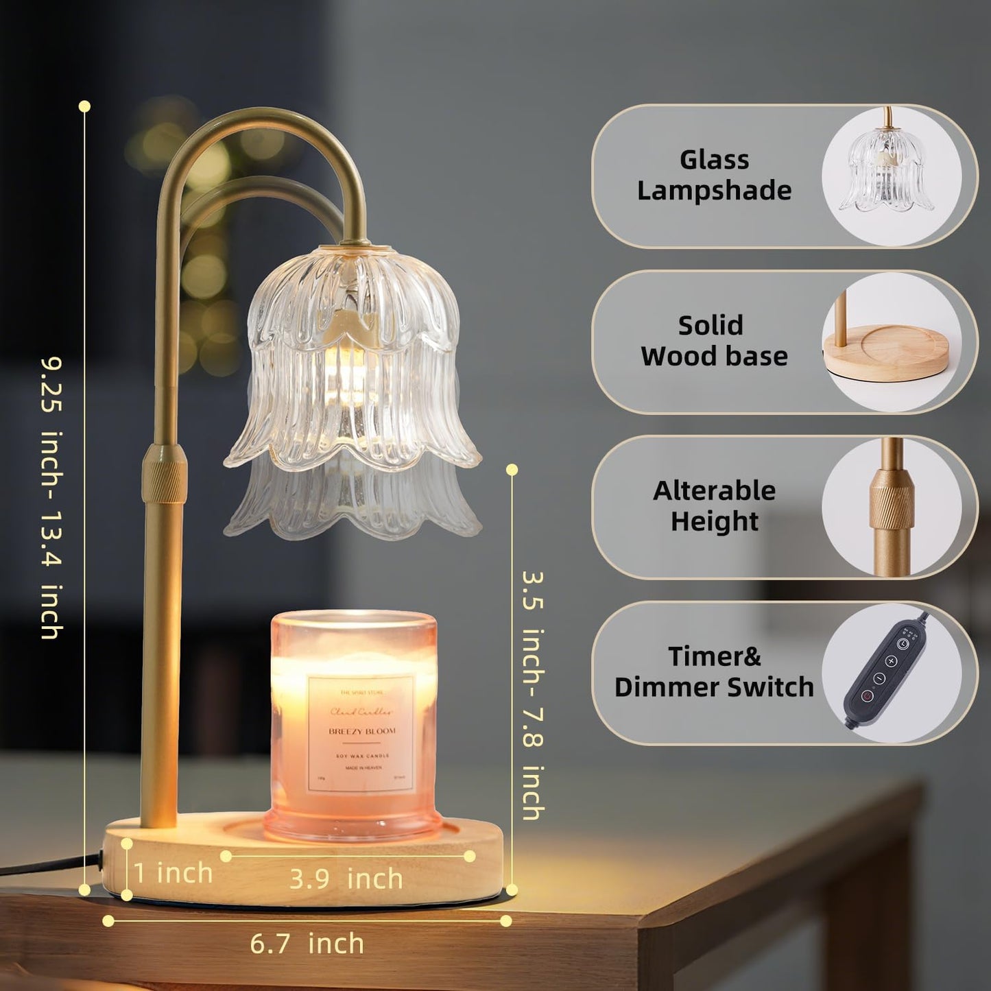 CRMILL Candle Warmer Lamp with Timer: Adjustable Dimmable Height Adjustable Warming - Flower Shape Wax Lamp Jar Candles No Flame Modern Home Decor Table Lights - Home Living Bedroom