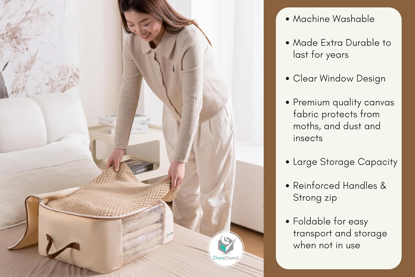 Chaos Cleared Canvas Storage Bags Designer Organizer for Comforters 2 Pack – Seasonal Storage for Pillows, Blankets, Linens & Garments – Foldable Design with Zip & Window, Moth-Proof Space Saver