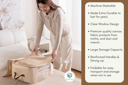 Chaos Cleared Canvas Storage Bags Designer Organizer for Comforters 2 Pack – Seasonal Storage for Pillows, Blankets, Linens & Garments – Foldable Design with Zip & Window, Moth-Proof Space Saver