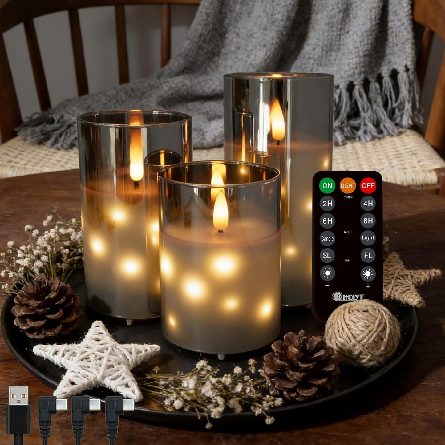LEDHOLYT Rechargeable Flameless Glass Pillar Candles–Gifts for Women,–Set of 3, Realistic Flickering LED Light,Remote & Timer, Ideal for Living Room, Bedroom & Festival Wedding Home Party Decor