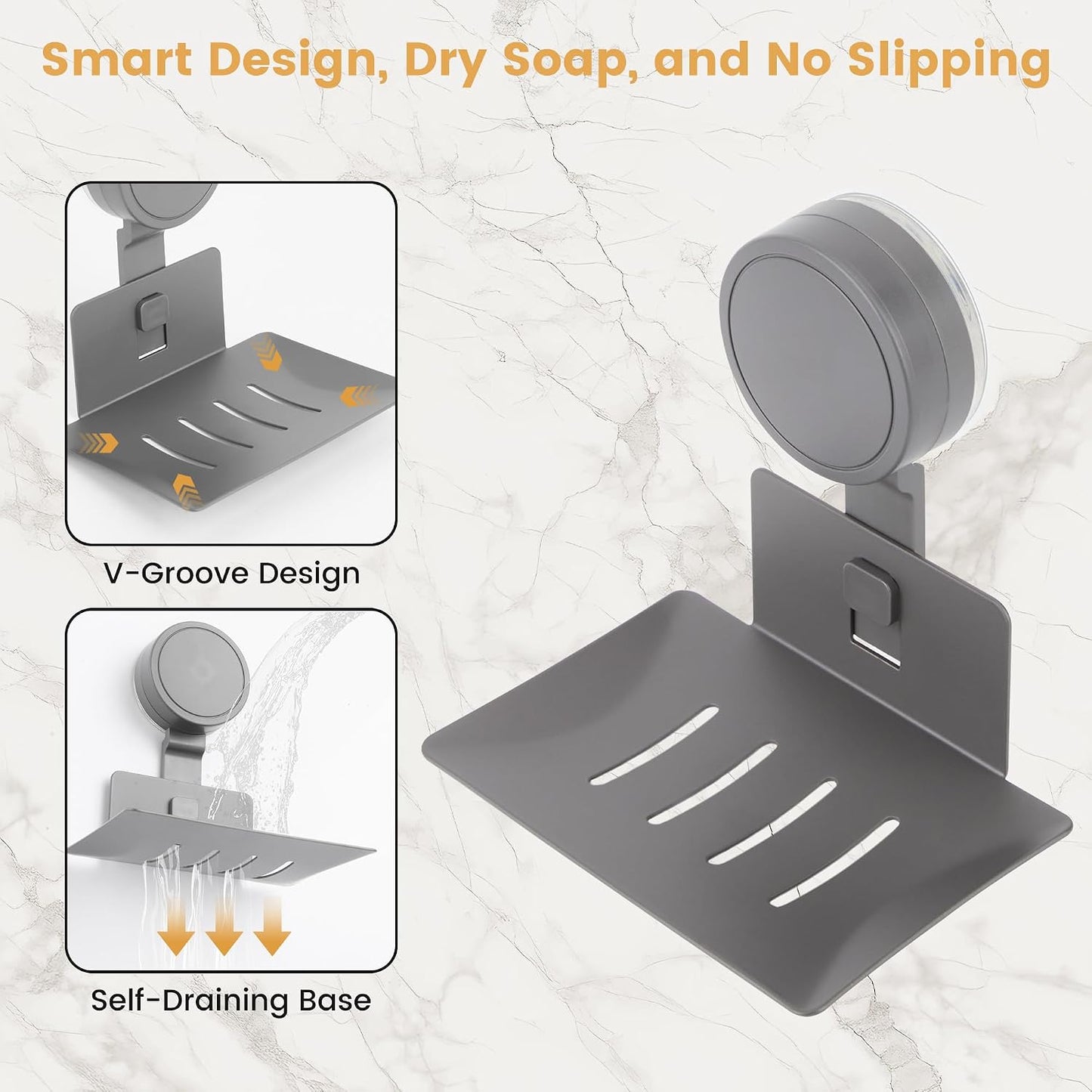 Soap Holder for Shower Wall Suction Cup Bar Soap Dish Self-Draining Wall Mounted No-Drill Rustproof & Reusable for Bathroom & Kitchen (Matte Grey)