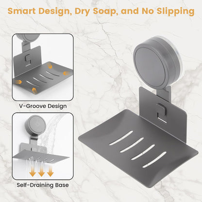 Soap Holder for Shower Wall Suction Cup Bar Soap Dish Self-Draining Wall Mounted No-Drill Rustproof & Reusable for Bathroom & Kitchen (Matte Grey)