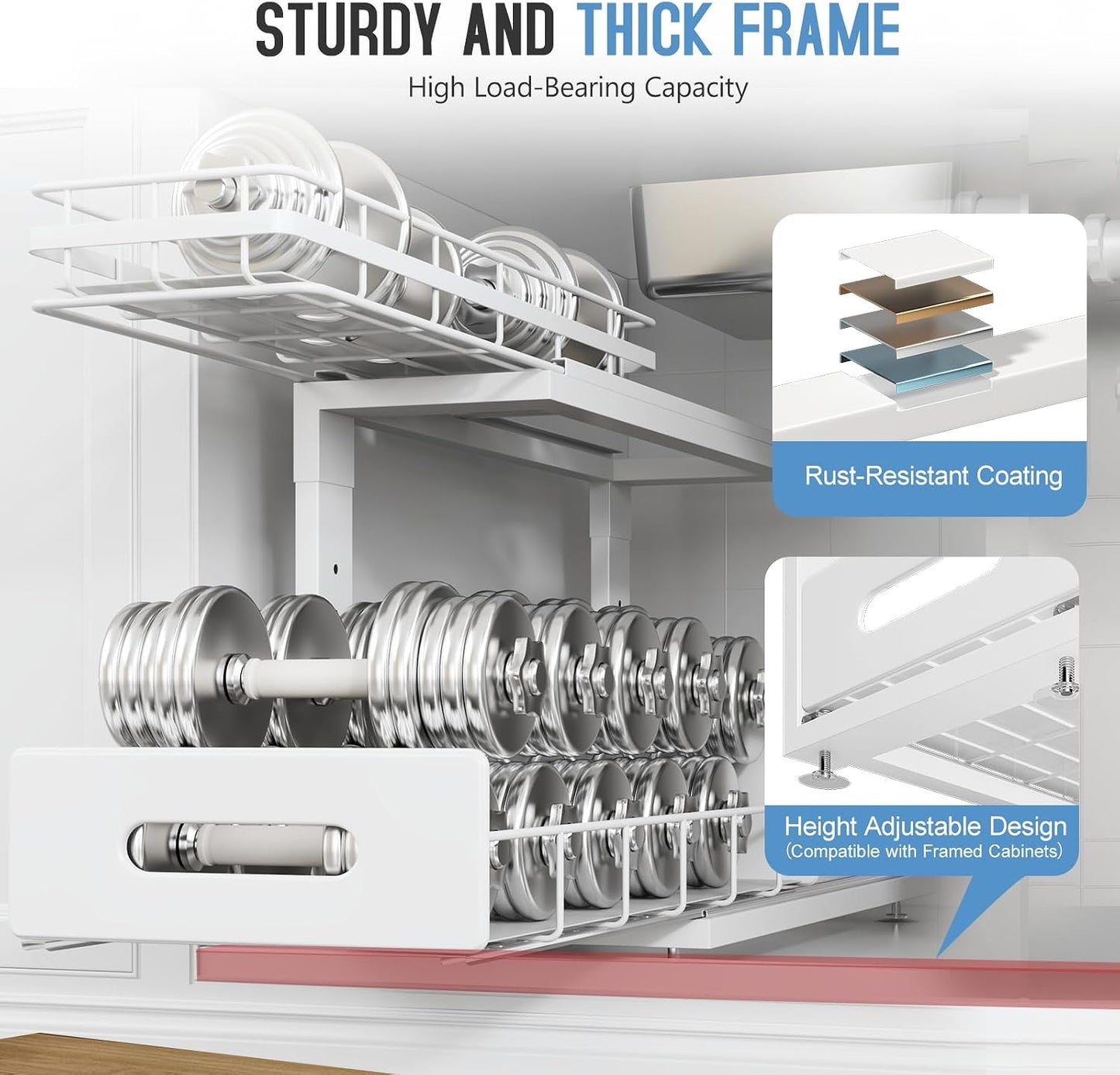 Under Sink Organizer Upgrade To Professional Rails,2-Tier Dual Pull Out Cabinet Storage,Height Adjustable Slide Out Drawers For Bathroom Kitchen,2 Pack-14.5" Dx12.8-16.9" H,White