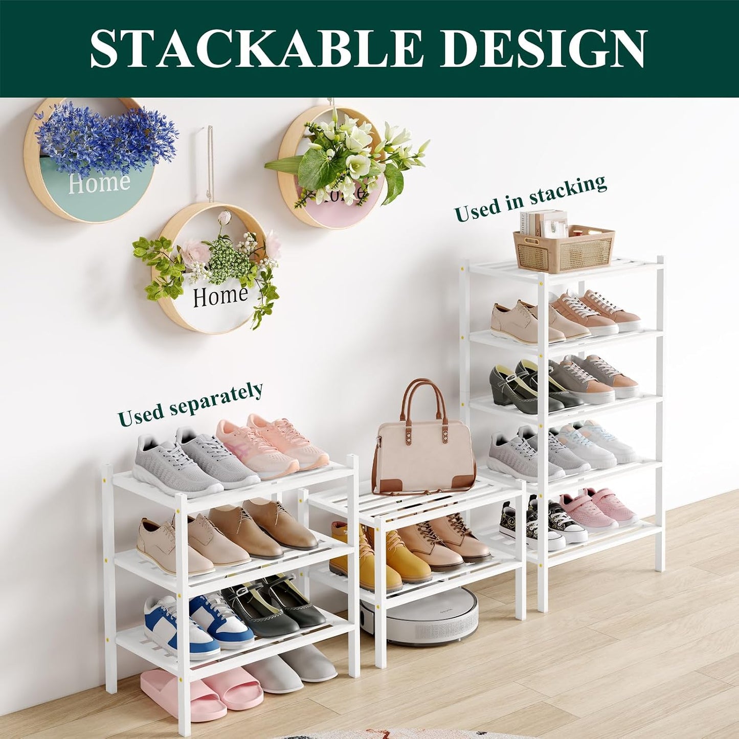 Smiry Bamboo Shoe Rack, 3 Tier Free Standing Wooden Shoe Organizer, Stackable Wood Shoe Storage Shelf for Closet, Entryway, 5 Horizontal Slats, 26.8"x11"x18.3", Natural