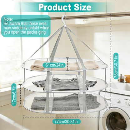 3-Tier Folding Mesh Clothes Drying Rack, Hanging Sweater Dryer for Laundry, Large Foldable Flat Dry Hanger, Portable Mesh Clothes Drying Net for Delicate Garments