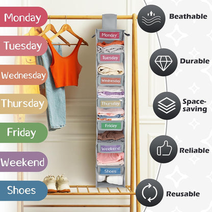 2 Pack 7 Shelf Weekly Clothes Organizer Hanging Closet for Kids with Side Pockets Weekday Shoes Rack Weekly Clothes Organizers Monday Through Weekend Foldable Storage Shelves(Black)
