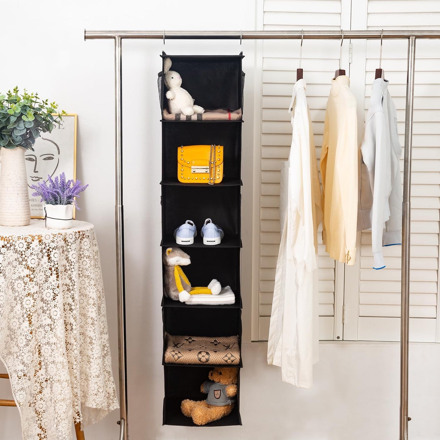 BrilliantJo 2 Pack Hanging Closet Organizer, 5 Shelves Hanging Storage with 6 Side Pockets for Clothes Shoes, 43"x12"x12"(Black)