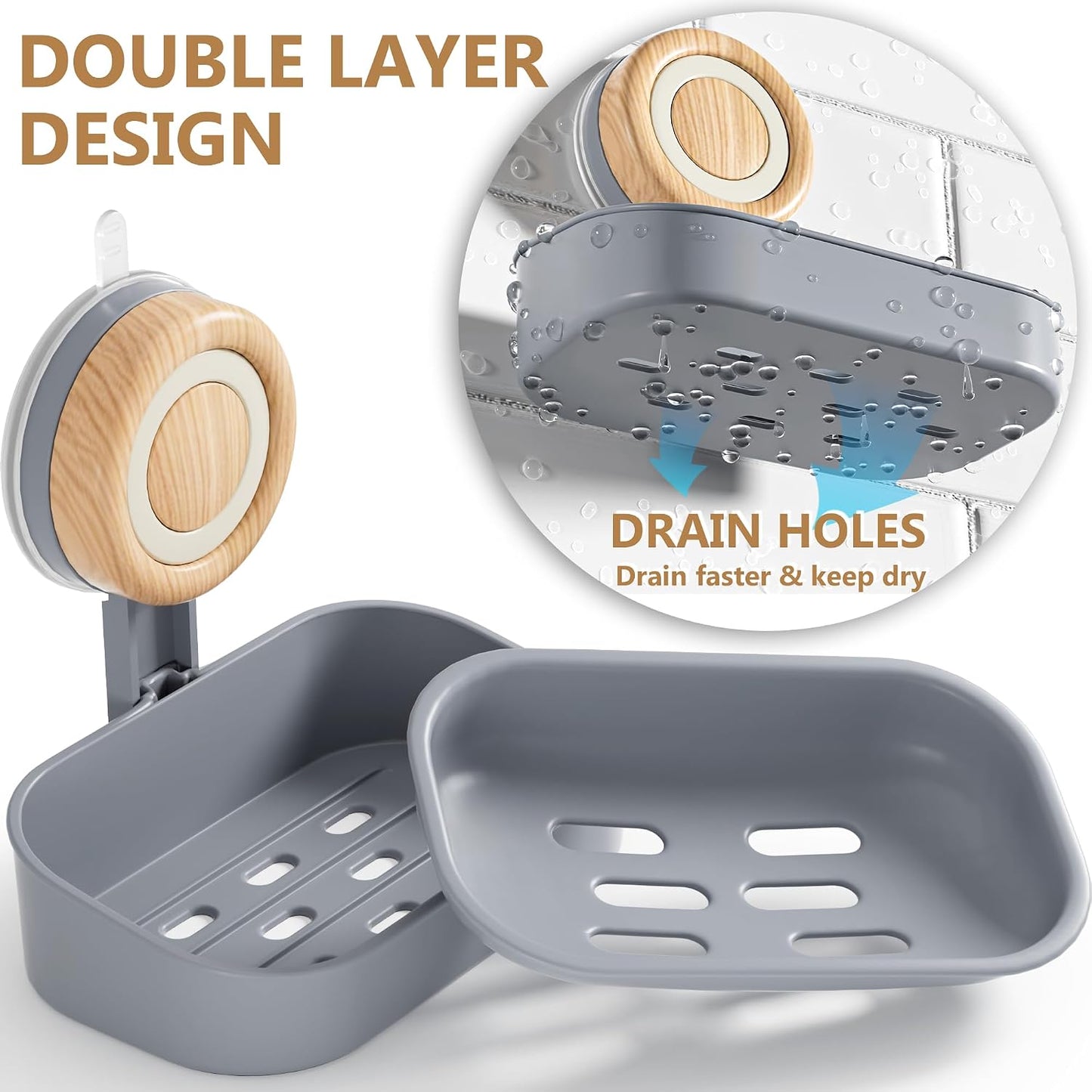 Double Layer Soap Dish for Shower 2 Pack, Wall Mounted Bar Soap Holder Suction Cup 2 Layer Self Draining Soap Case Sponge Holder for Shower Bathroom, Tub and Kitchen Sink, Drill-Free Tray