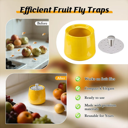 Ceramic Fruit Fly Trap for Indoors, Reusable Kitchen Fly Catcher with Stainless Steel Vent Lid, Uses Safe & Natural Vinegar Bait Trap, Dishwasher Safe, Easy to Use (White,1 Pack)