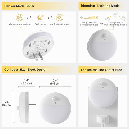 YUNLEX 2 Pack Plug in Night Light with Motion Sensor and Dusk to Dawn Sensor, Stepless Dimming, Warm White LED Nightlight with 3 Lighting Ways for Bathroom, Bedroom, Kitchen, for Kids, Adults