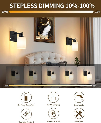 Battery Operated Wall Sconce Set of 2, Black Rechargeable Wall Lights with Timer Function, Easy Install Dimmable Wireless Wall Lamps Sconces Wall Decor for Living Room Bedroom Hallway, Emergency 3000K