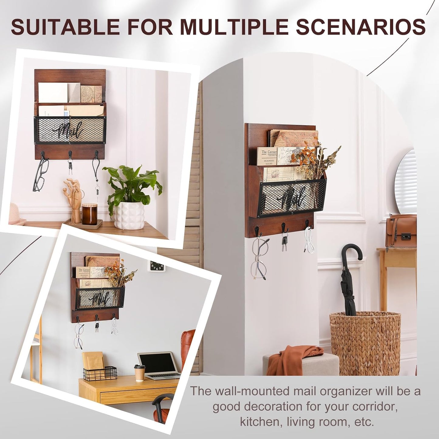 Yalikop Farmhouse Mail Organizer Wall Mounted Rustic Mail Holder Hanging Key Sorter with 3 Hooks Indoor Wooden Wall Mounted, Letter, Magazines, Newspapers, Keys(Classics,Brown)