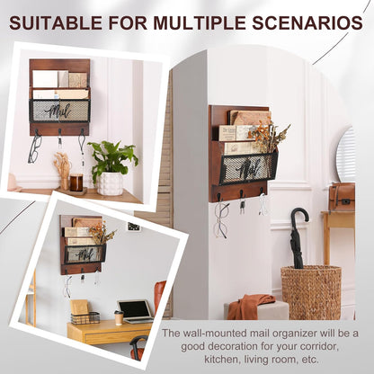 Yalikop Farmhouse Mail Organizer Wall Mounted Rustic Mail Holder Hanging Key Sorter with 3 Hooks Indoor Wooden Wall Mounted, Letter, Magazines, Newspapers, Keys(Classics,Brown)