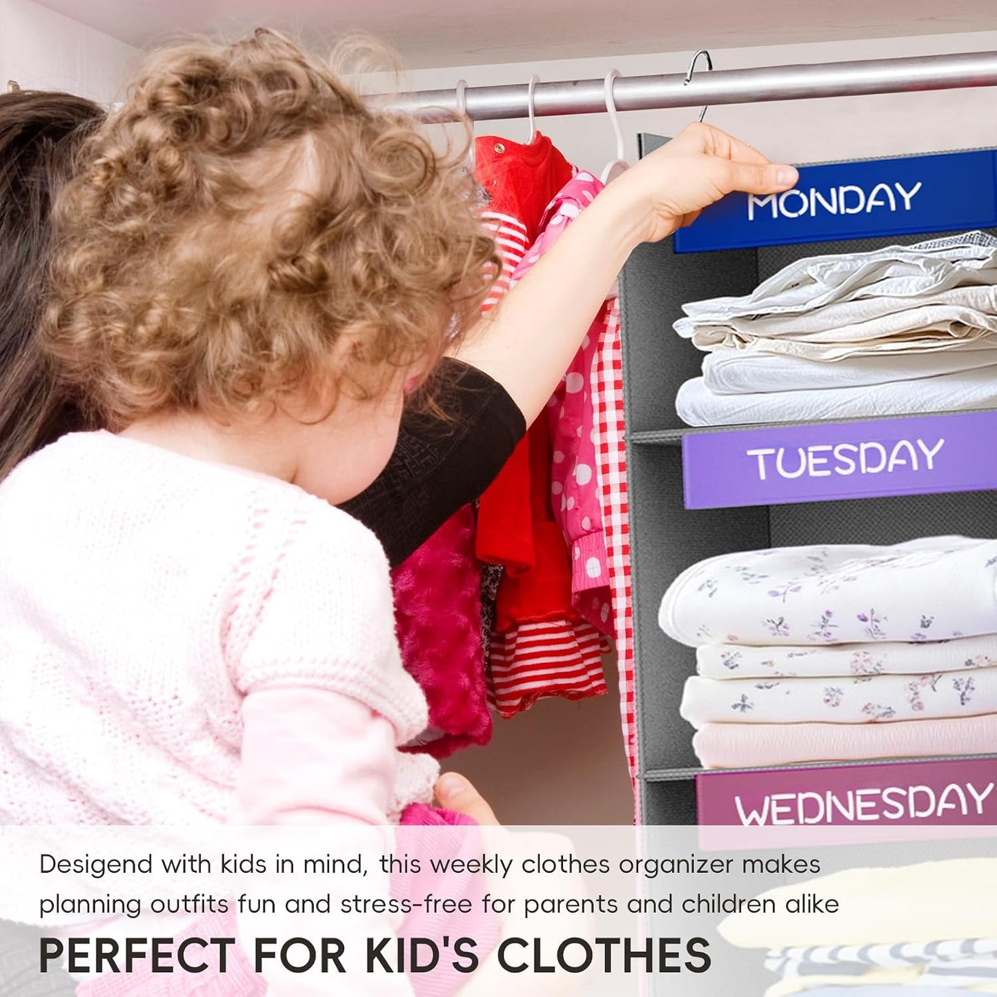 Weekly Hanging Closet Organizer for Kids, 6-Shelf Clothes Storage with Labeled Days of The Week Monday Through Friday, Weekday and Weekend, Days of The Week Clothes Organizer