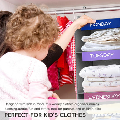 Weekly Hanging Closet Organizer for Kids, 6-Shelf Clothes Storage with Labeled Days of The Week Monday Through Friday, Weekday and Weekend, Days of The Week Clothes Organizer