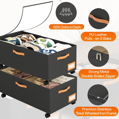 Under Bed Storage with Wheels 39inch, Extra Long Under Bed Storage Bins, Low Profile Under Bed Storage 5.5inch Height No Assemble Storage Containers, Under Bed Shoe Storage with Lids