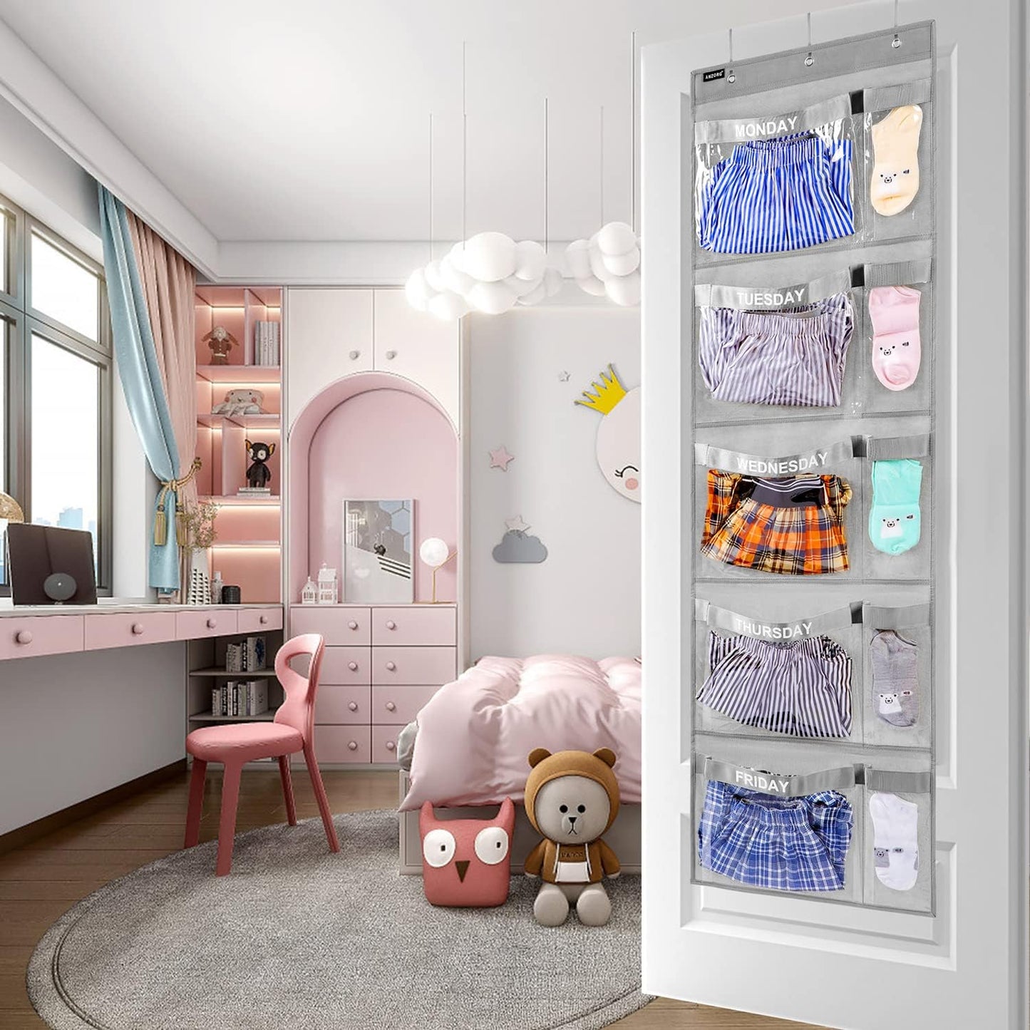 Weekly Kids Clothes Organizer Day of Week School Clothing Storage Monday to Friday Hanging Closet Organizer (GREY)
