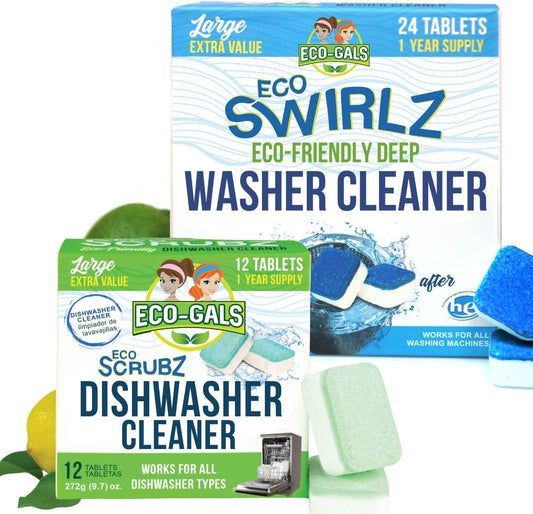 Eco-Gals Eco Swirlz Washing Machine Cleaner with Bonus Eco Scrubz Dishwasher Cleaner Add On 36 Count Deep Cleaning Tablets