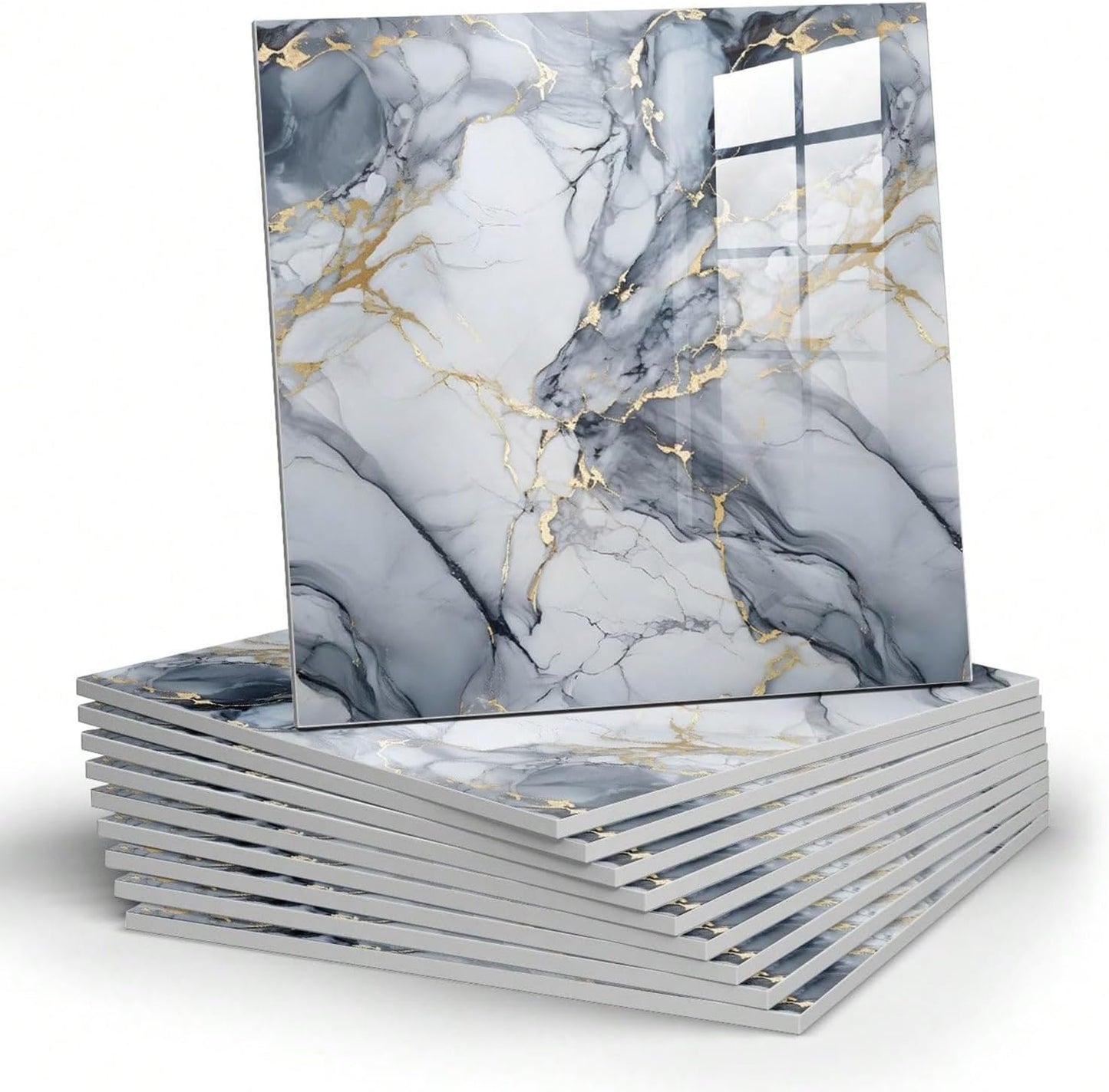 Chejiaye 10pcs Marble Peel and Stick Backsplash Waterproof Washroom Wall Panels, Peel and Stick Tile, PVC Foam Wall Panels for Kitchen,Bathroom,Living Room,Blue and Gold(Not Real Tile,11.8" x 11.8")