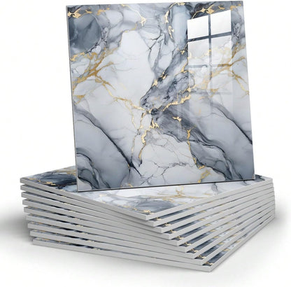 Chejiaye 10pcs Marble Peel and Stick Backsplash Waterproof Washroom Wall Panels, Peel and Stick Tile, PVC Foam Wall Panels for Kitchen,Bathroom,Living Room,Blue and Gold(Not Real Tile,11.8" x 11.8")