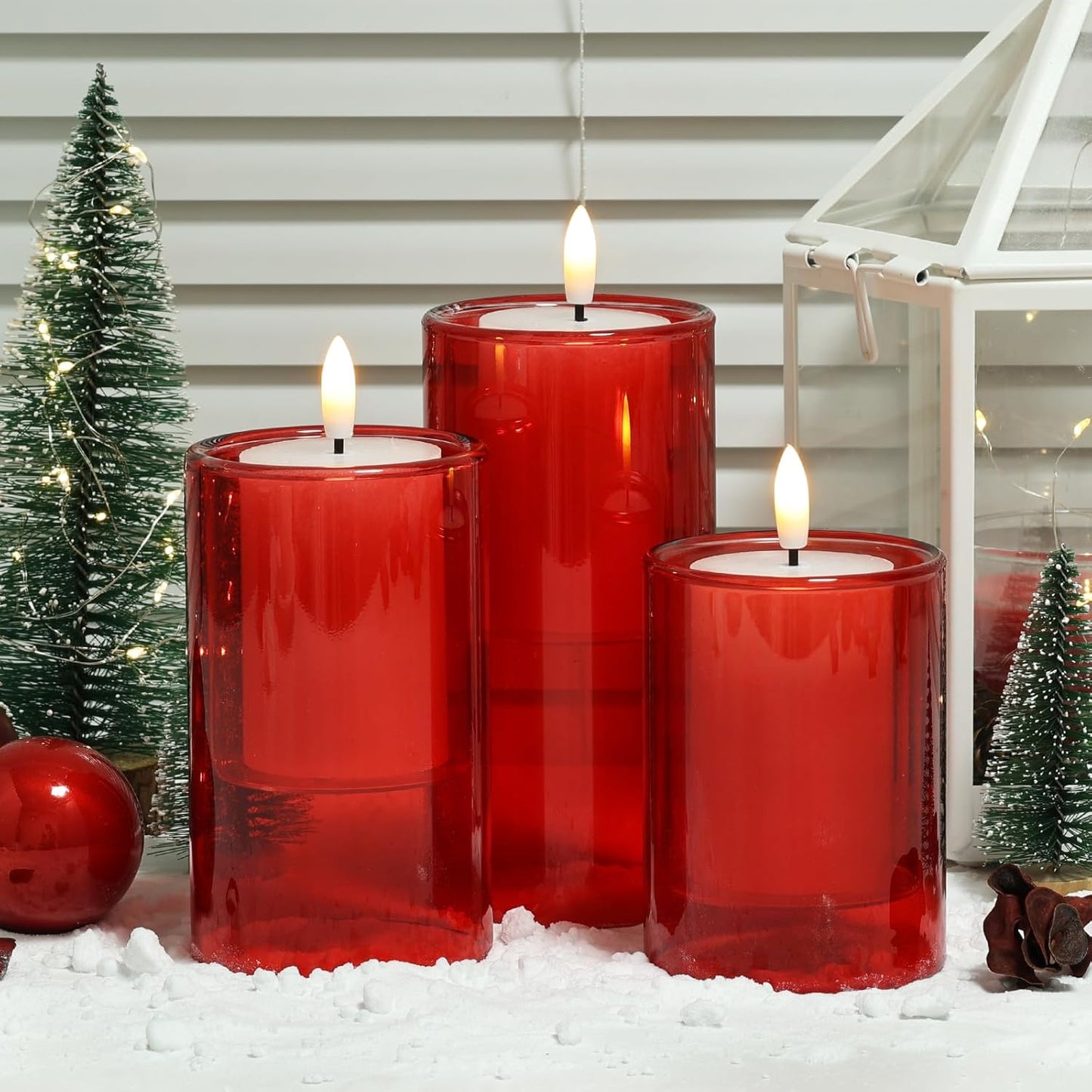 NURADA Flameless Candles with Remote Timer - Glass Real Wax 3D Wick LED Pillar Votive Candle Set Battery Operated Flickering Light for Home Christmas Decoration - White 3 Pack