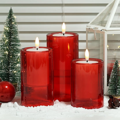 NURADA Flameless Candles with Remote Timer - Glass Real Wax 3D Wick LED Pillar Votive Candle Set Battery Operated Flickering Light for Home Christmas Decoration - White 3 Pack