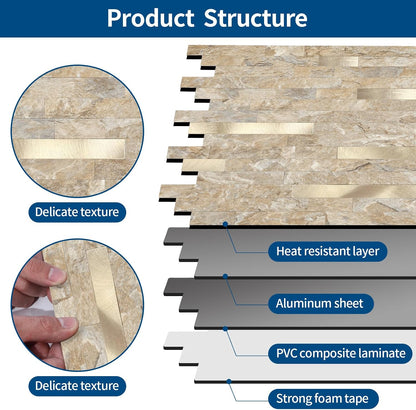 Yipscazo 2026 New Upgrade 11.34" X 11.57" Peel and Stick Backsplash, Stick on Backsplash Tiles for Kitchen, Bathroom, Fireplace (10 Sheets, Beige Rocks + Rose Gold)