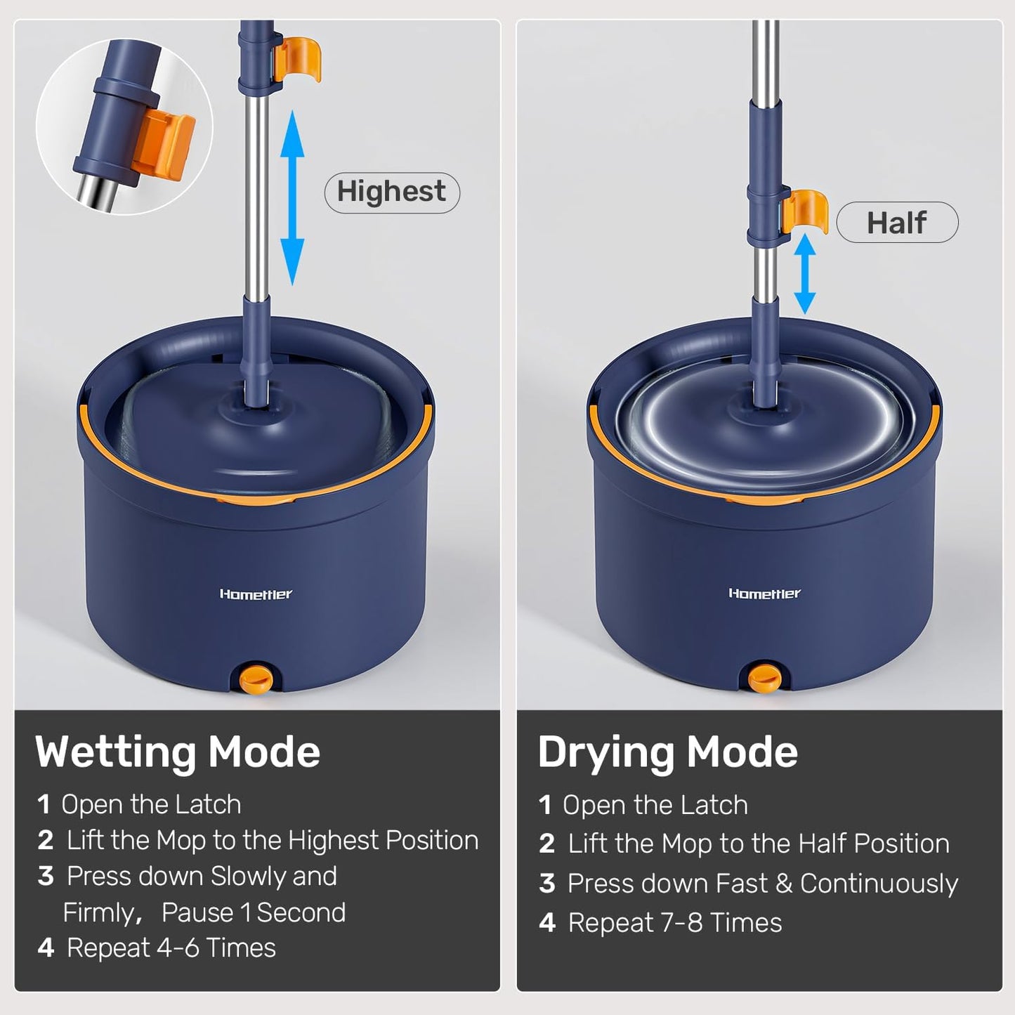 HoMettler Spin Mop and Bucket Set, Mop Bucket with Separate Dirty Water System, Deep-Cleaning Mops for Floors/Wall, Versatile Mops with 4 Microfiber Mop Pads
