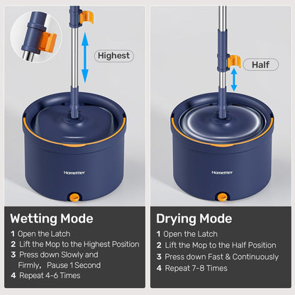 HoMettler Spin Mop and Bucket Set, Mop Bucket with Separate Dirty Water System, Deep-Cleaning Mops for Floors/Wall, Versatile Mops with 4 Microfiber Mop Pads