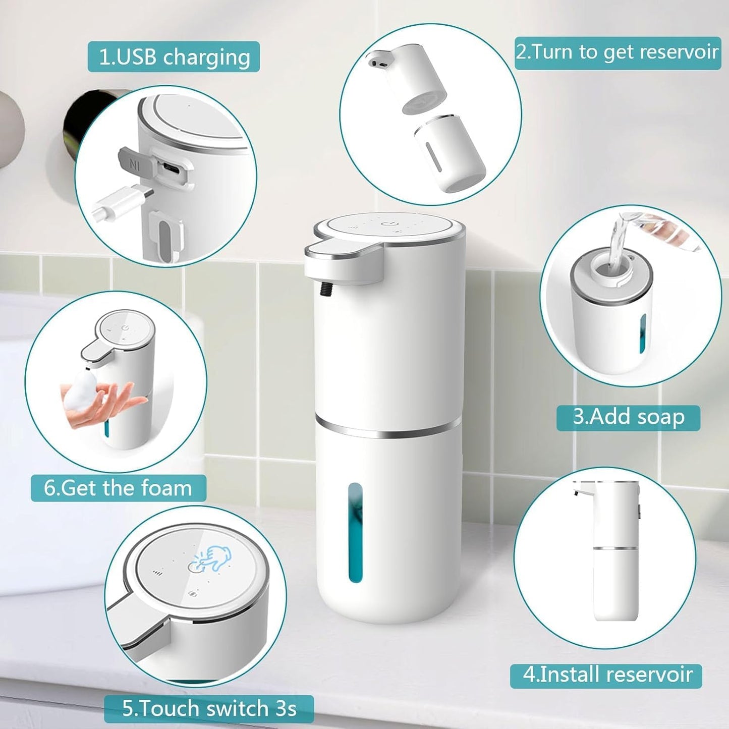 Automatic Soap Dispenser – Touchless Foaming Soap Dispenser 400ml USB Rechargeable Dispenser Electric Wall Mounted 4levels Adjustable Foam Soap Dispenser Pump for Bathroom Kitchen(Silver)