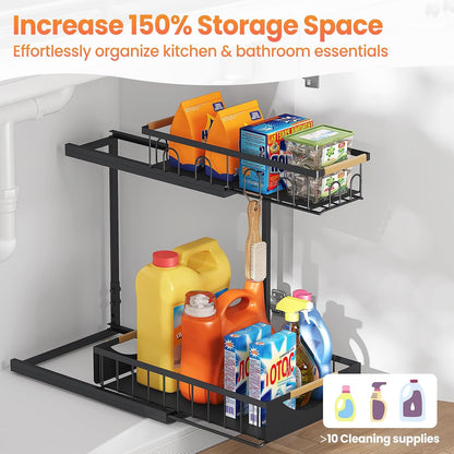 Under Sink Organizer and Storage for Bathroom and Kitchen - 2 Pack 3 Tier Under Cabinet Pull Out Shelf Organizers - Slide Out Drawer Organization for Home Cabinets Shelves and Drawers