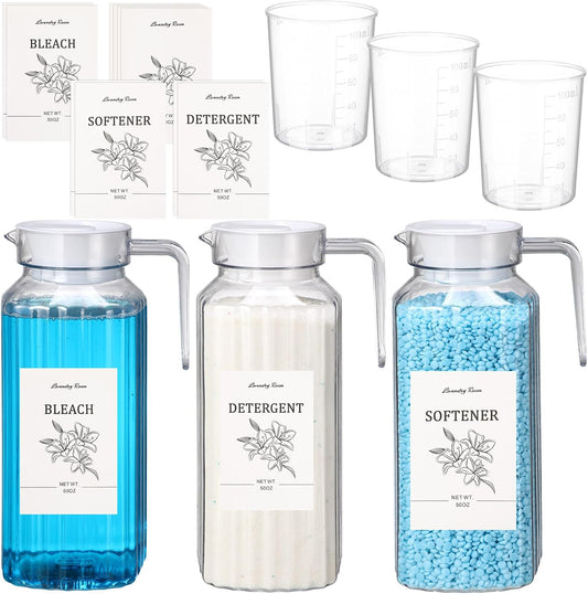 Potchen 3 Pack Laundry Detergent Dispenser Set, Clear Acrylic Liquid Detergent Container with Labels & Measuring Cups, Fabric Softener Dispenser for Laundry Room Organization(50 oz)
