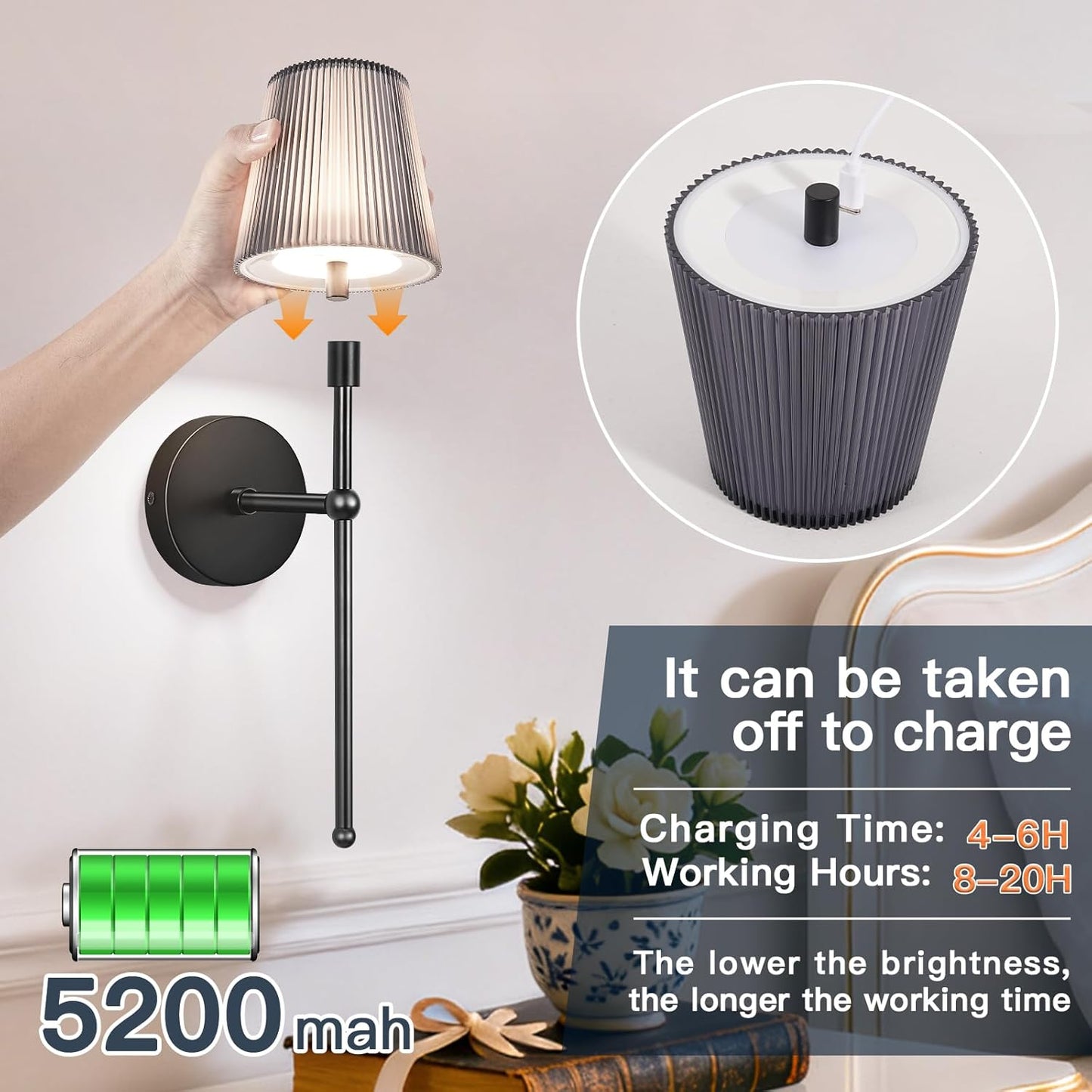 TaoFiaCo Battery Operated Wall Sconces Set of 2, Wireless Wall Sconce with Remote Dimmable Timer, Rechargeable 5200mAh, Cordless Wall Light for Bedroom Living Room, Hallway, Light Decor