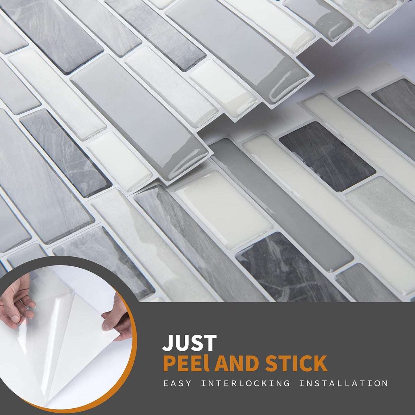 WOWSTAR 10-Sheet Peel and Stick Backsplash Tile for Kitchen Wall, Back Splash Stick On Tiles for Kitchen (12"x 12", Gray)