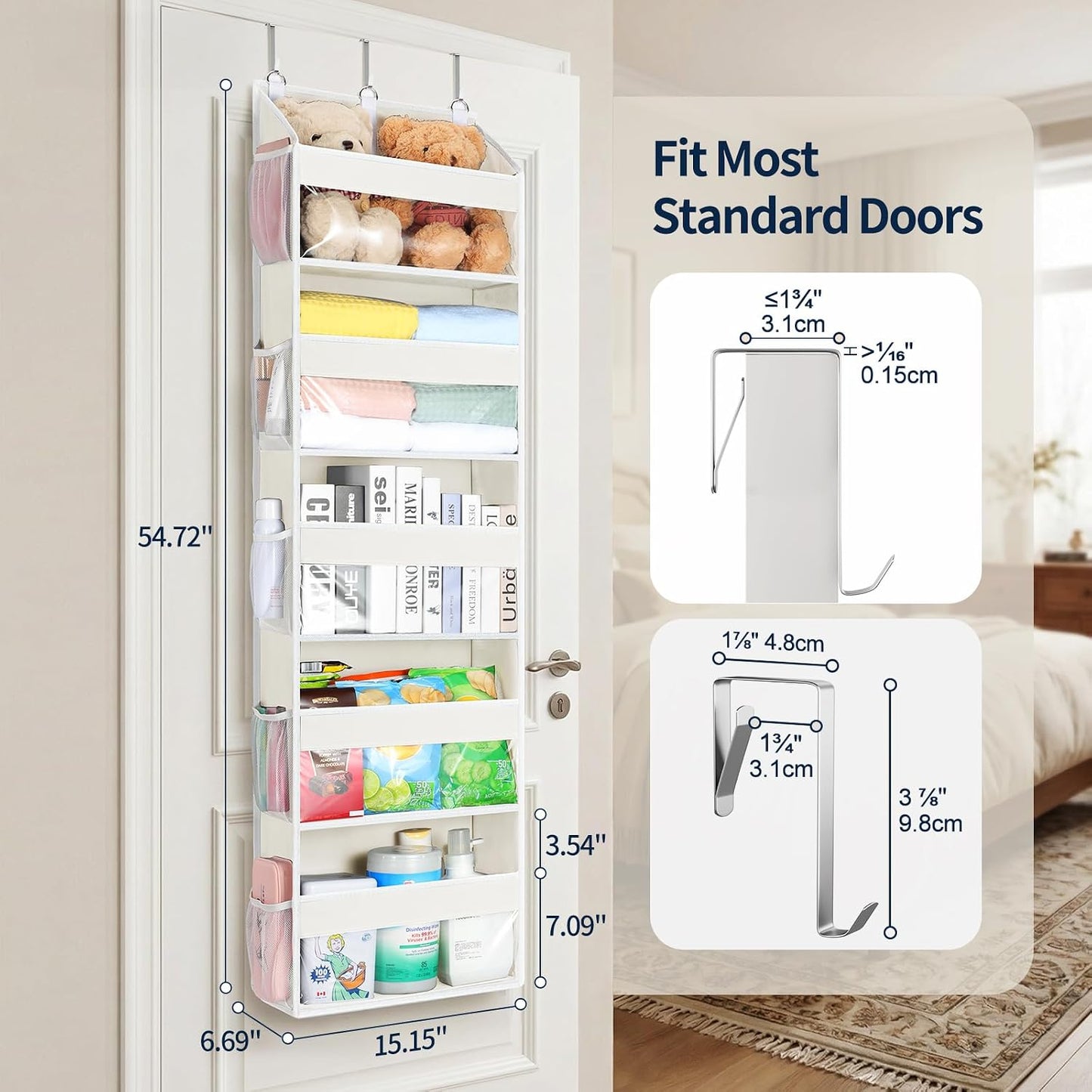 Yecaye Over the Door Organizer 5 Tiers, Heavy Duty Hanging Storage with 5 Large Clear PVC Pockets and 10 Side Pockets, 56lbs Capacity for Closet Door Bathroom Bedroom Nursery Dorm Laundry Room, Grey