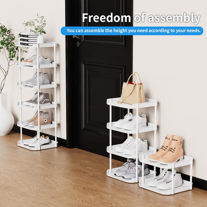 6 Tier Vertical Narrow Shoe Rack, Stackable Tall Skinny Shoerack, Compact Single Shoes Storage Tower for Slim Space, Corner Plastic Shelves, for Hallways, Entryway, Bedrooms Organizer, Black