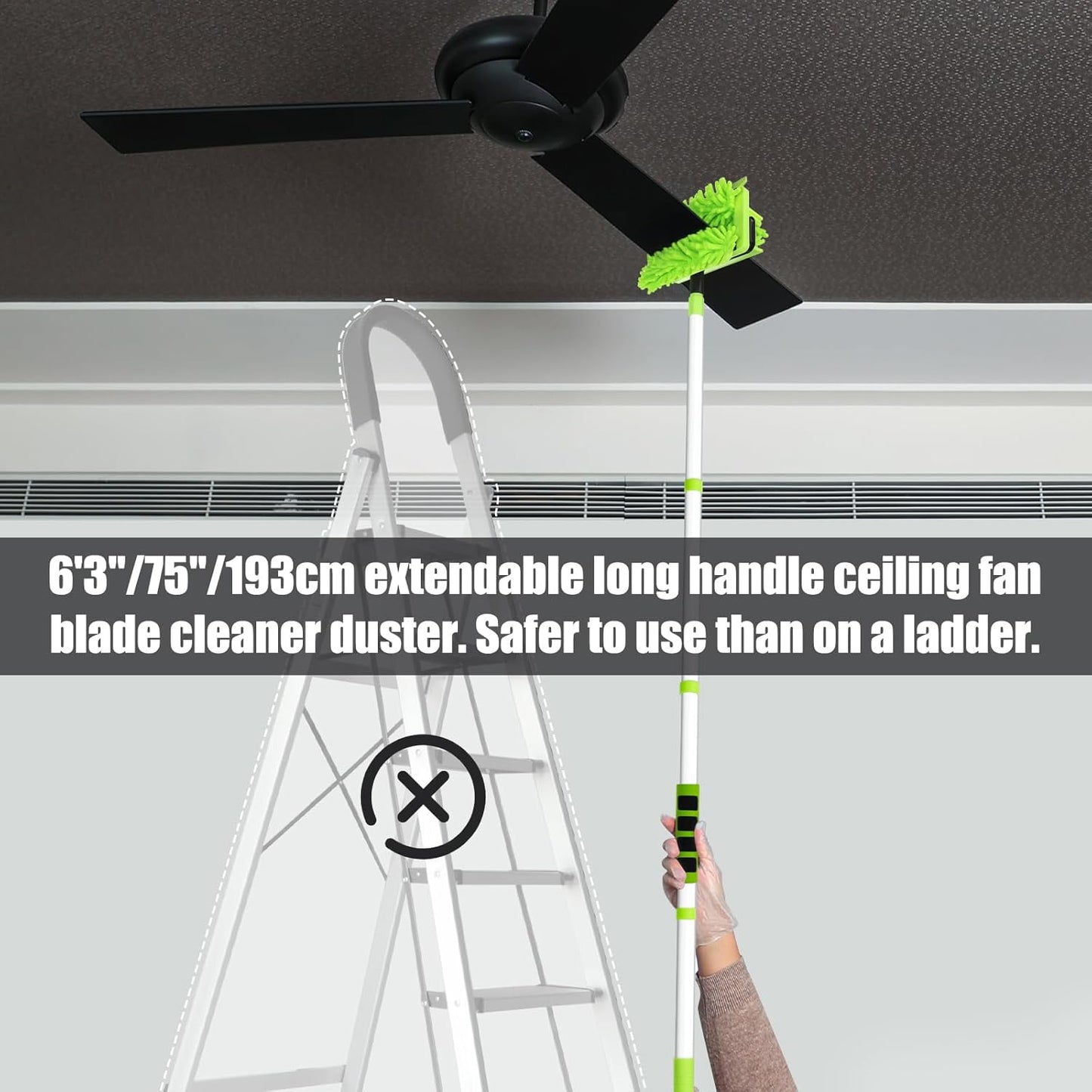 Ceiling Fan Cleaner Duster with 75'' Extension Pole, Flexible High Ceiling Fan Blades Cleaning Tool, Reusable Skinny Duster for Tight Spaces